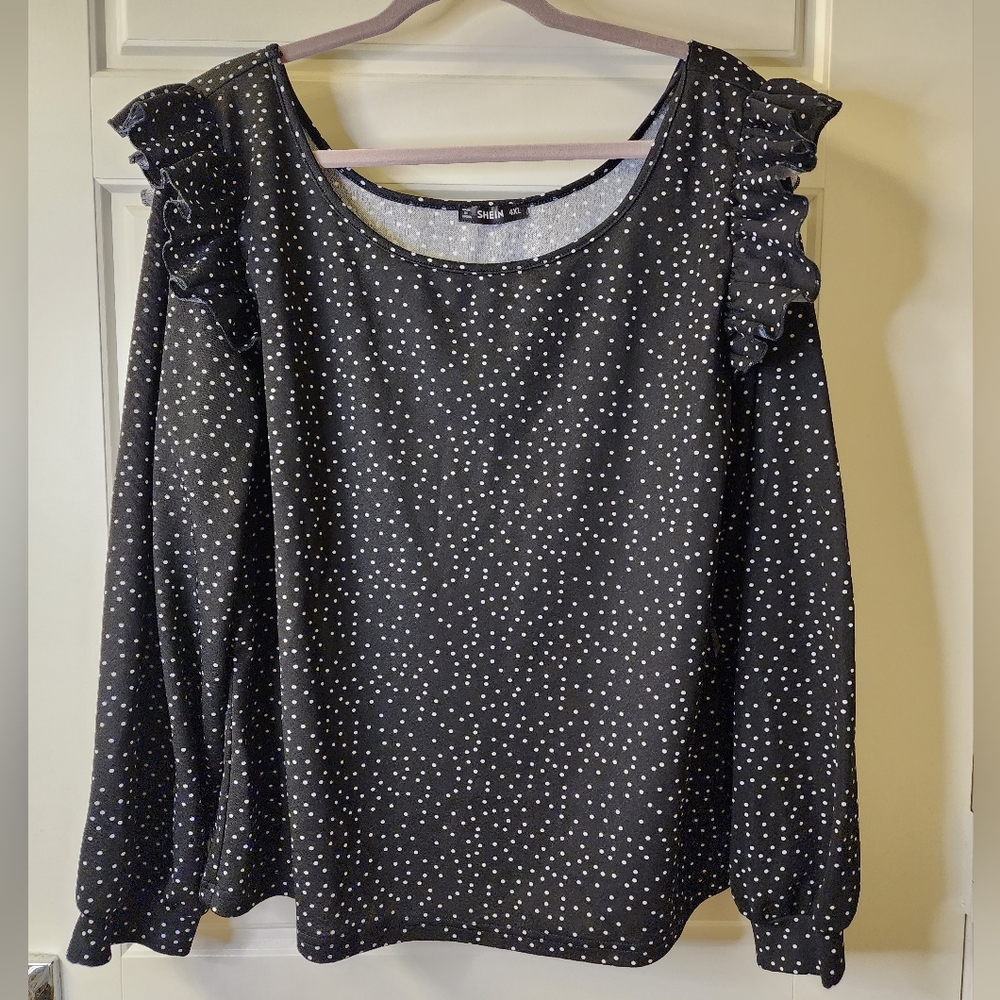 SHEIN Curve 4XL Black White Dotted Ruffle Long Sleeve‎ Top